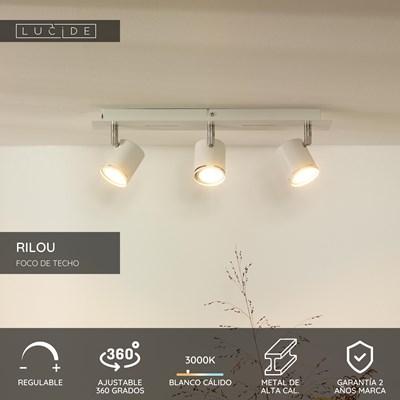 Lucide RILOU - Foco de techo - LED Regul. - GU10 - 3x5W 3000K - Blanco